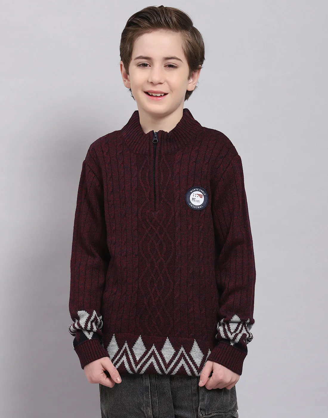 Boys Maroon Self Design Round Neck Full Sleeve Sweater