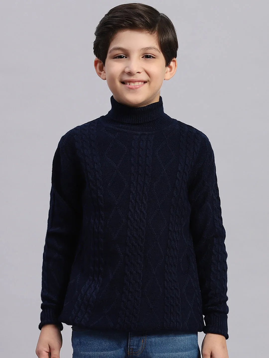 Boys Navy Blue Self Design T Neck Full Sleeve Sweater