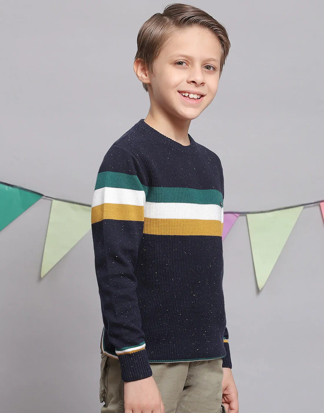 Boys Navy Blue Stripe Round Neck Full Sleeve Sweater