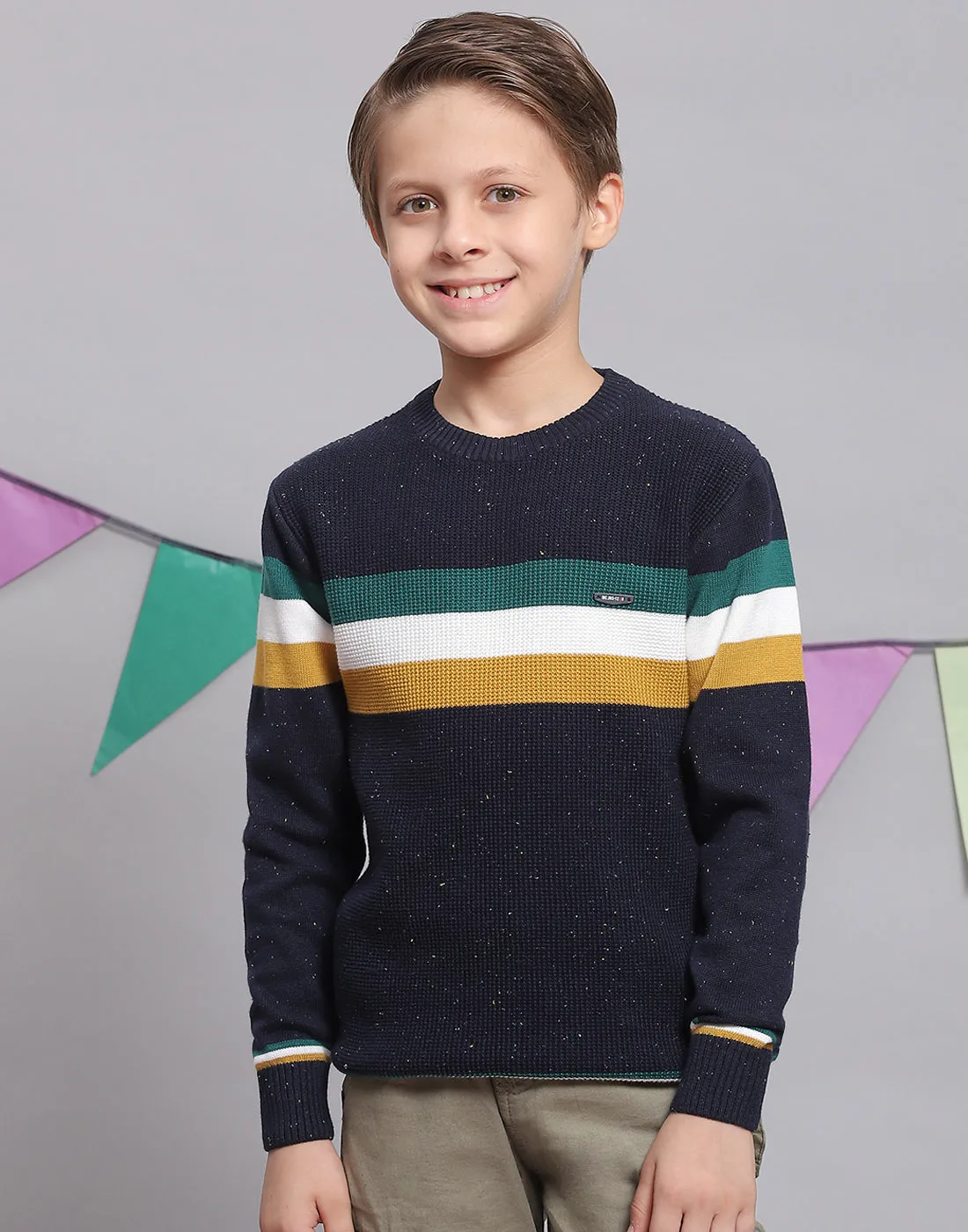 Boys Navy Blue Stripe Round Neck Full Sleeve Sweater