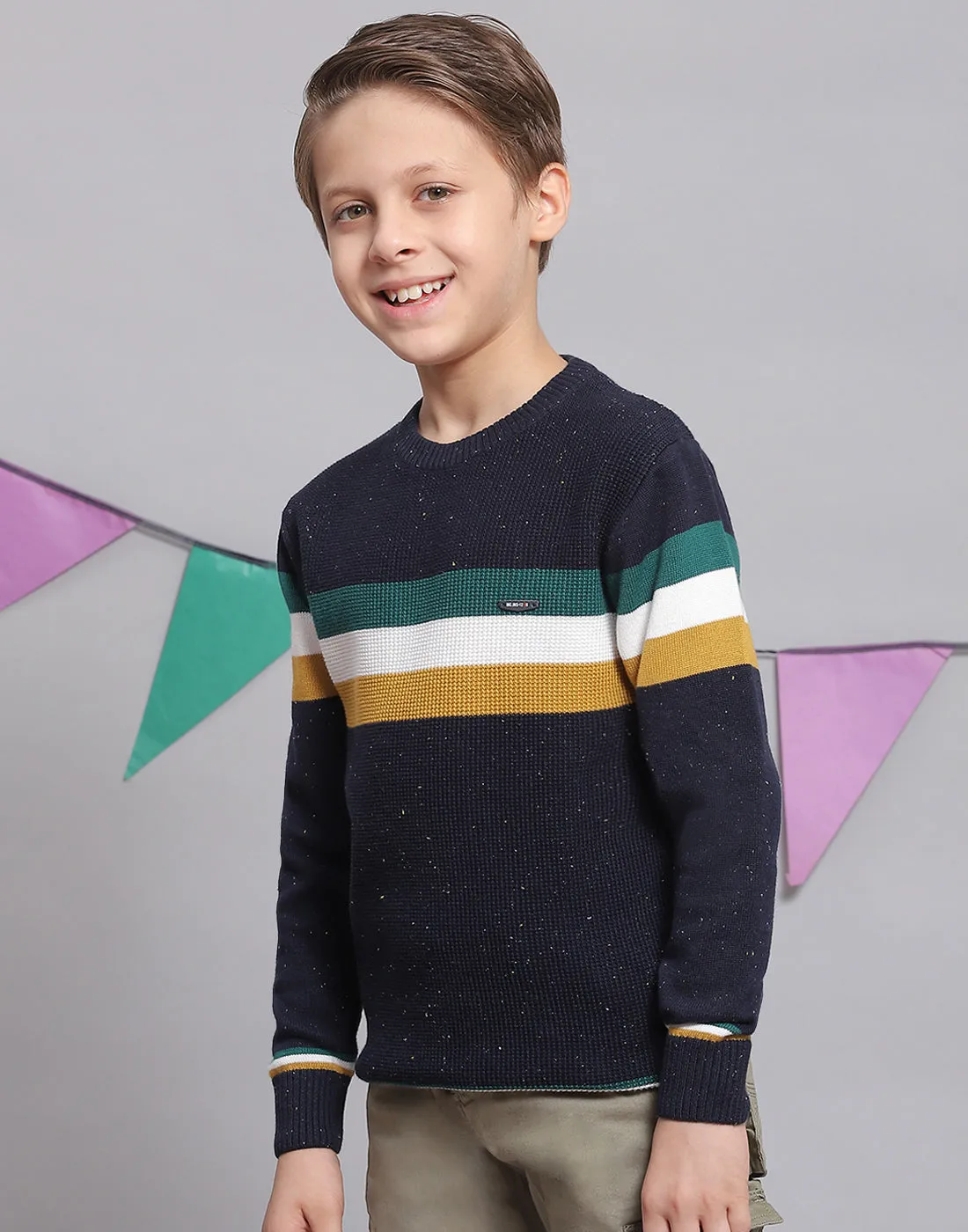 Boys Navy Blue Stripe Round Neck Full Sleeve Sweater