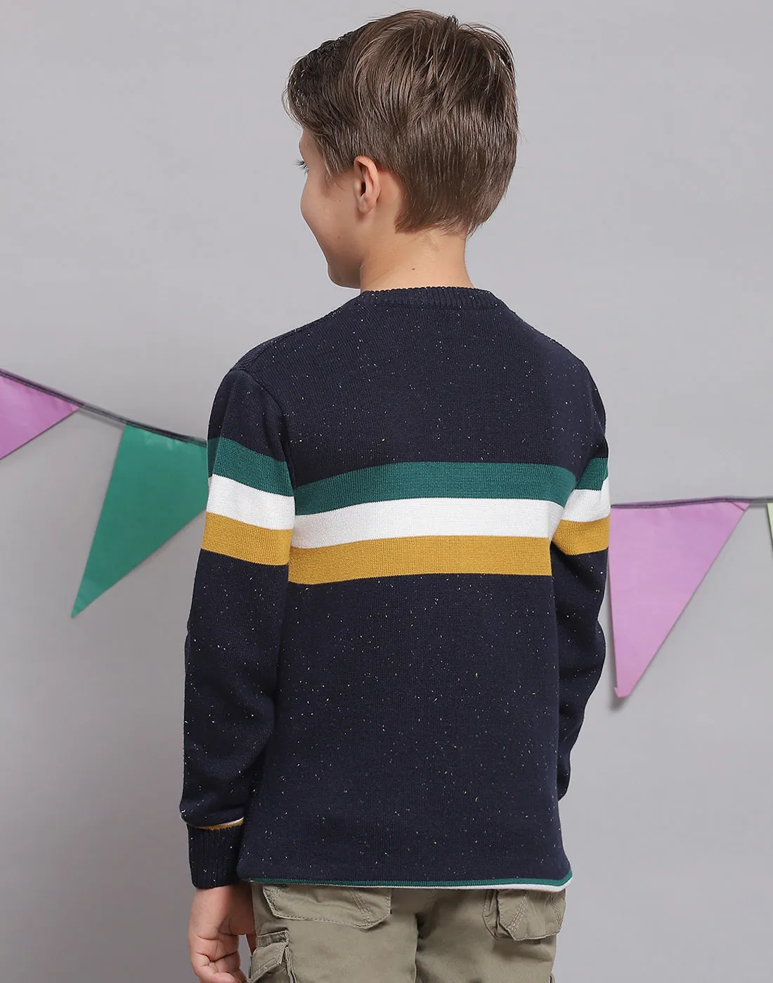 Boys Navy Blue Stripe Round Neck Full Sleeve Sweater