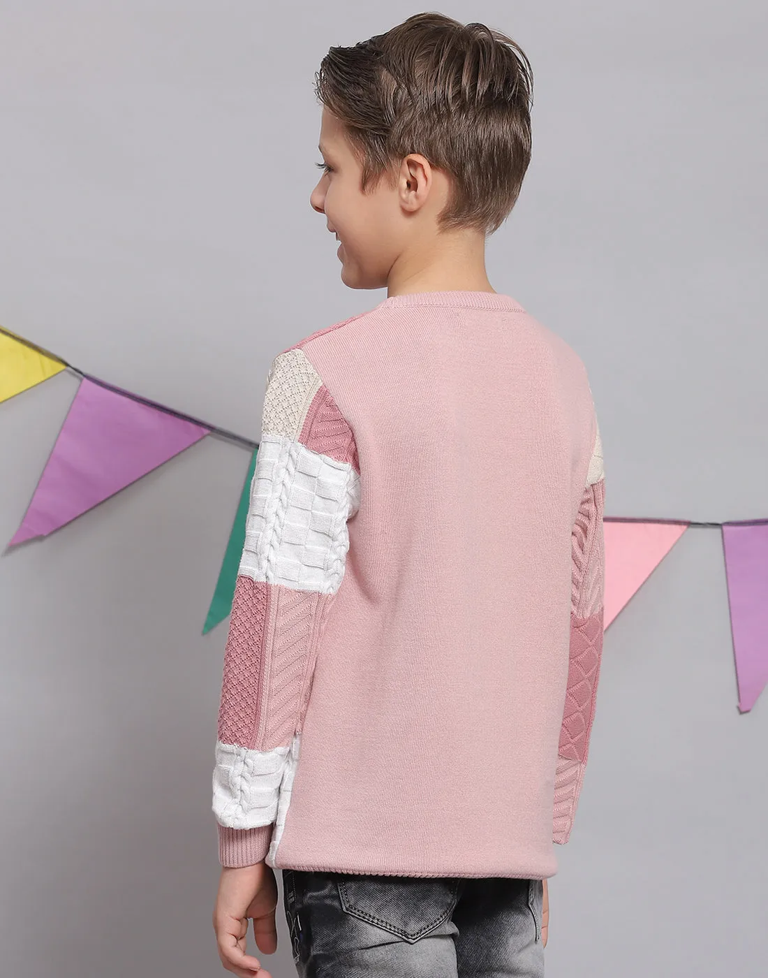 Boys Pink Self Design Round Neck Full Sleeve Sweater