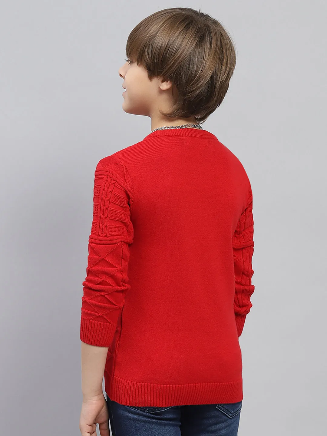 Boys Red Self Design Round Neck Full Sleeve Pullover