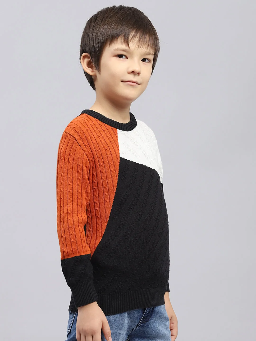 Boys Rust & Black Self Design Round Neck Full Sleeve Pullover