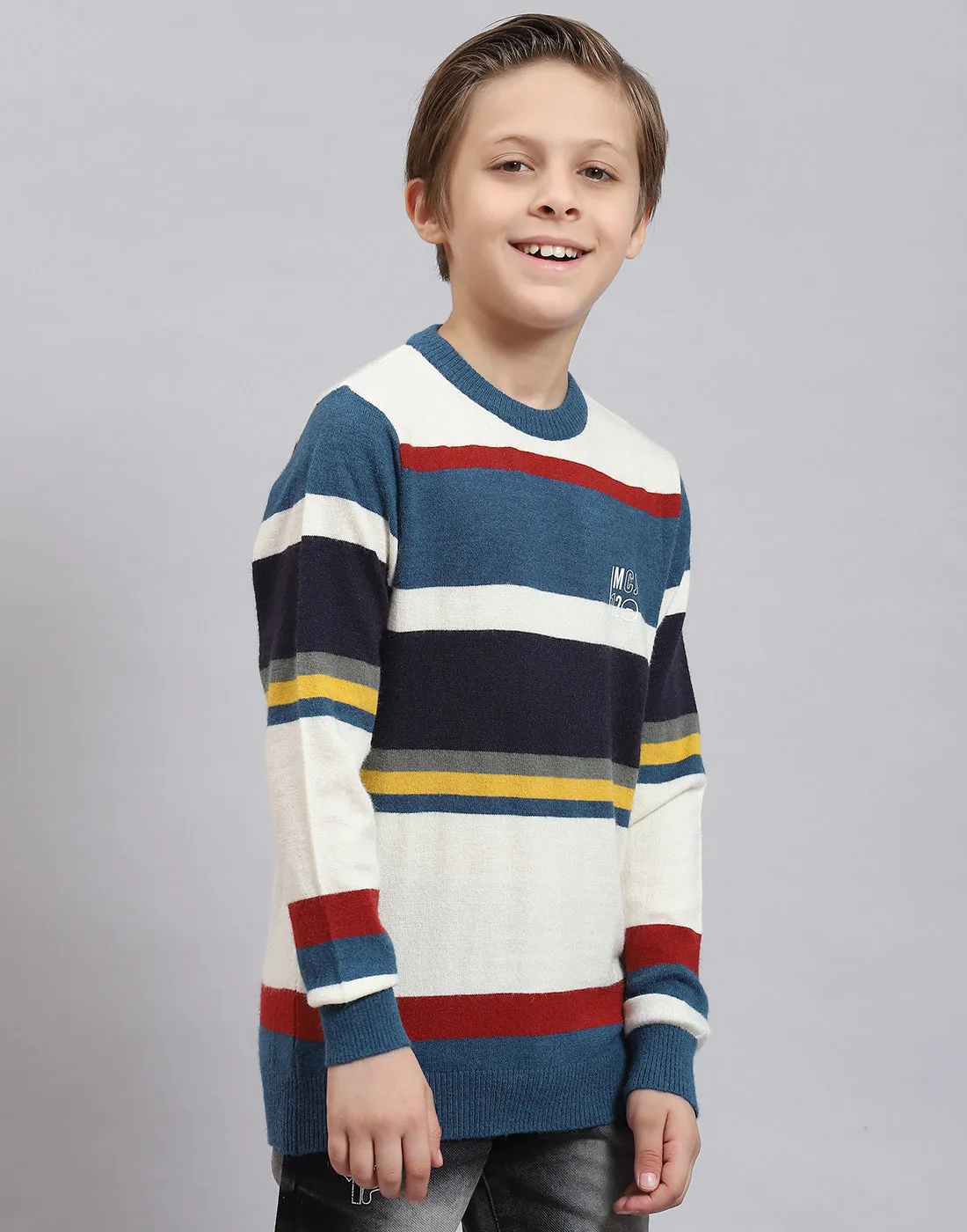 Boys Teal Blue Stripe Round Neck Full Sleeve Sweater