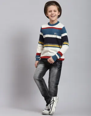 Boys Teal Blue Stripe Round Neck Full Sleeve Sweater