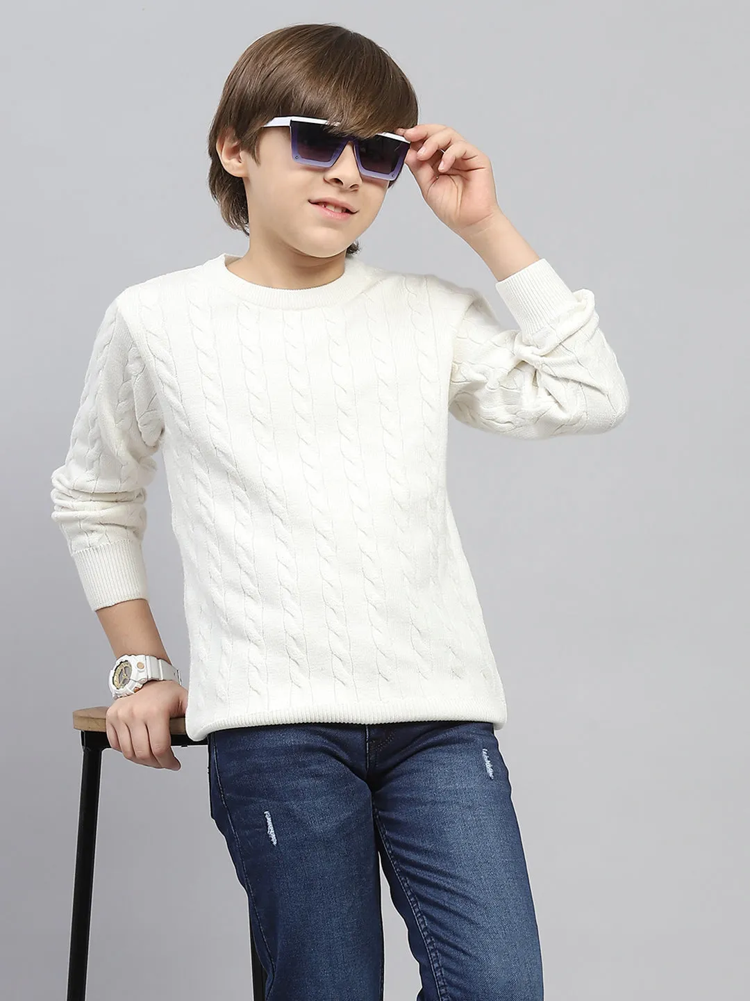 Boys White Self Design Round Neck Full Sleeve Pullover