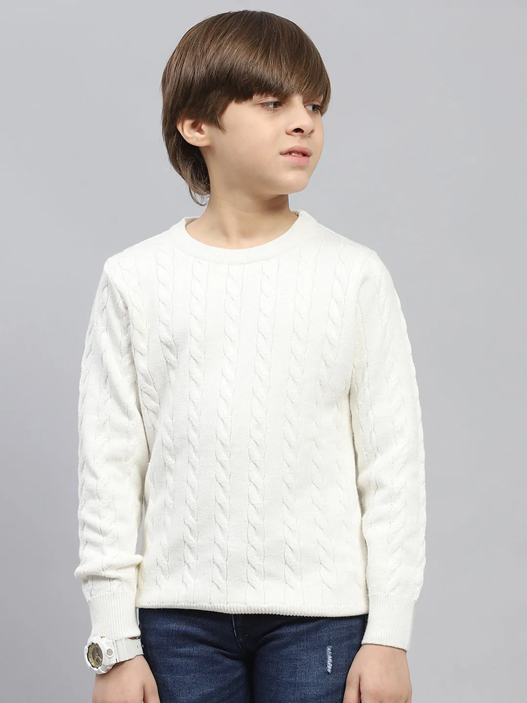 Boys White Self Design Round Neck Full Sleeve Pullover