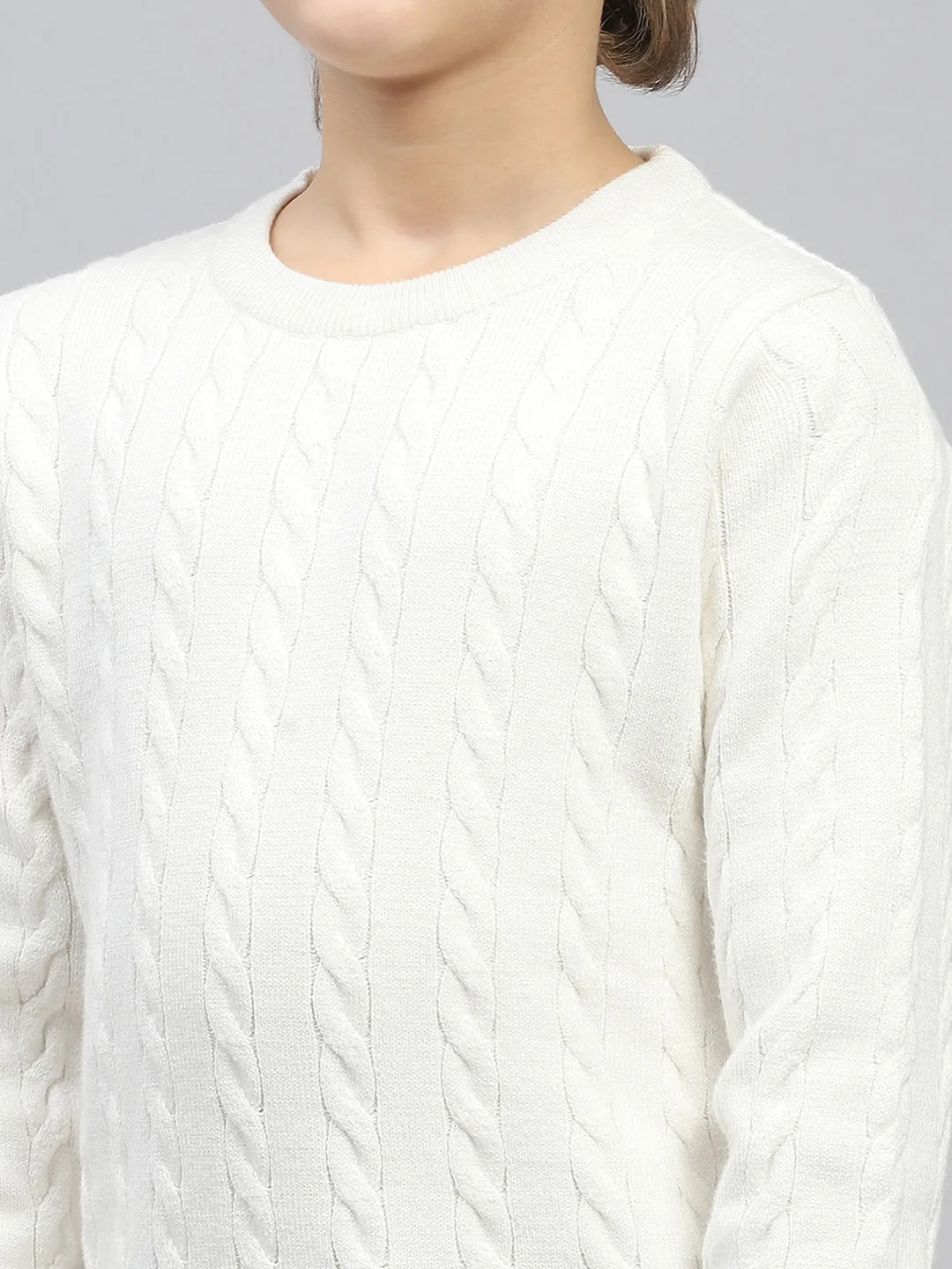 Boys White Self Design Round Neck Full Sleeve Pullover