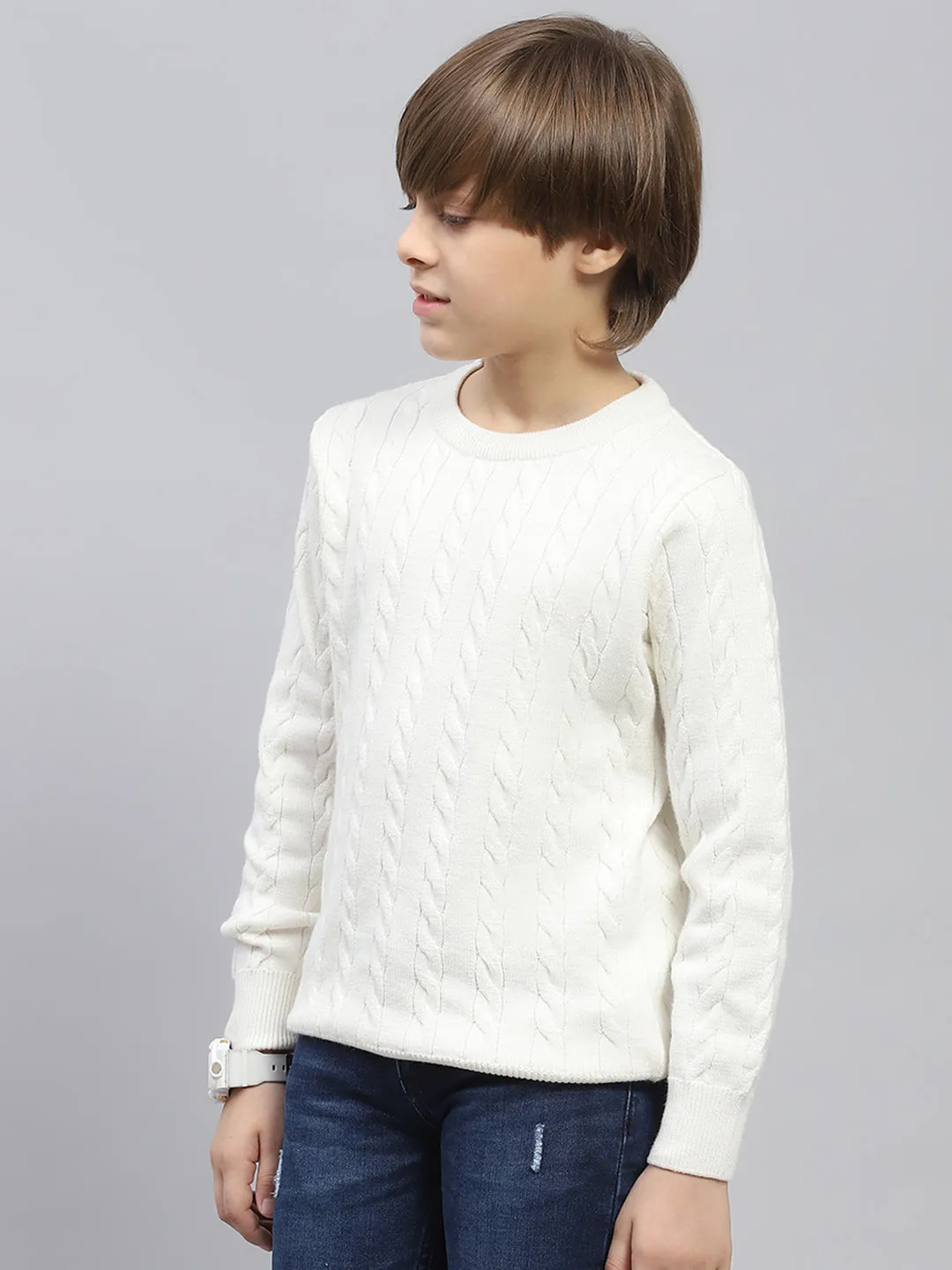 Boys White Self Design Round Neck Full Sleeve Pullover