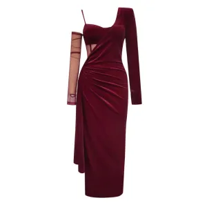 Cady Burgundy Velvet Corset Slit Prom Dress with Sleeves