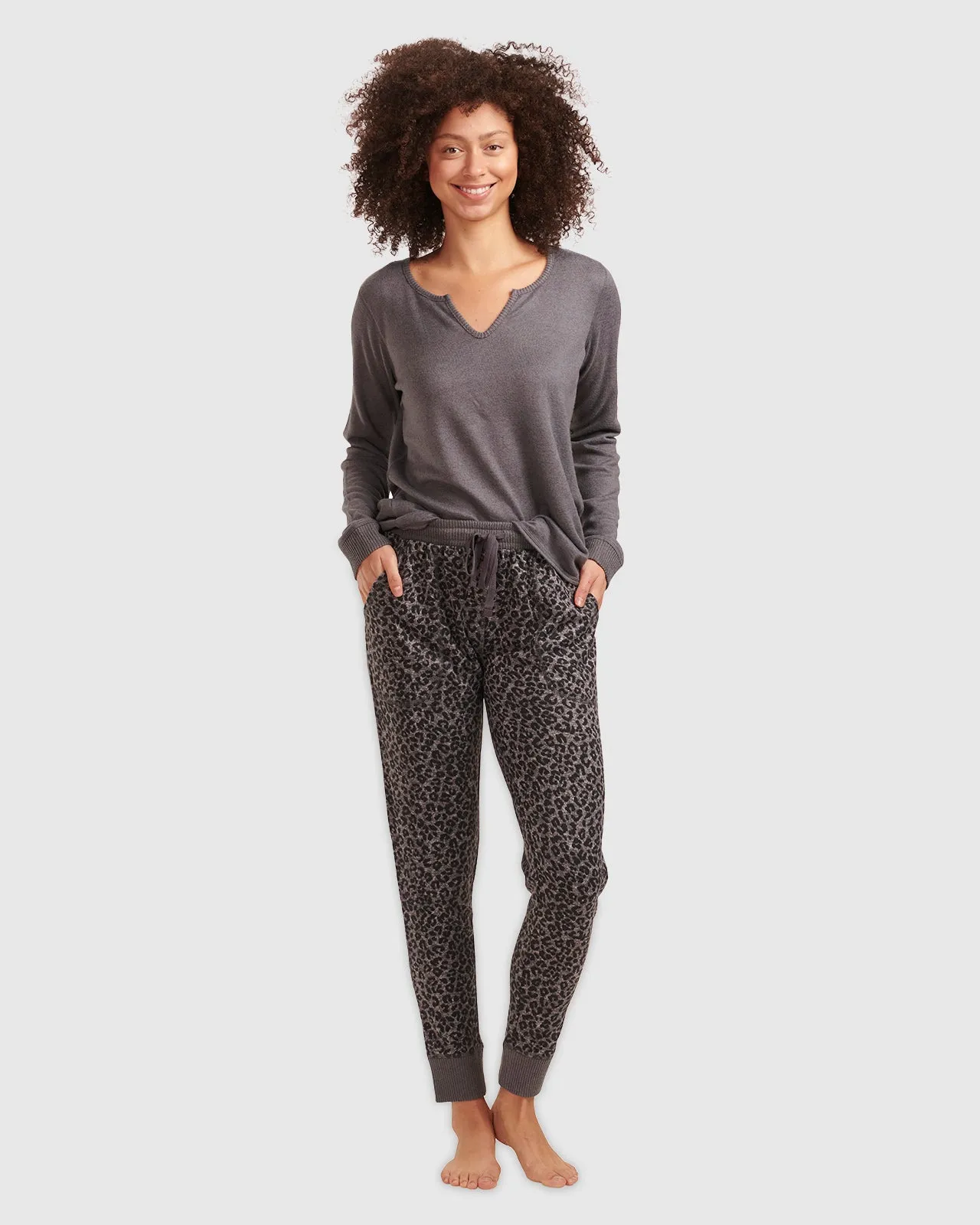 Charcoal Animal Print Split Neck Pullover PJ Set