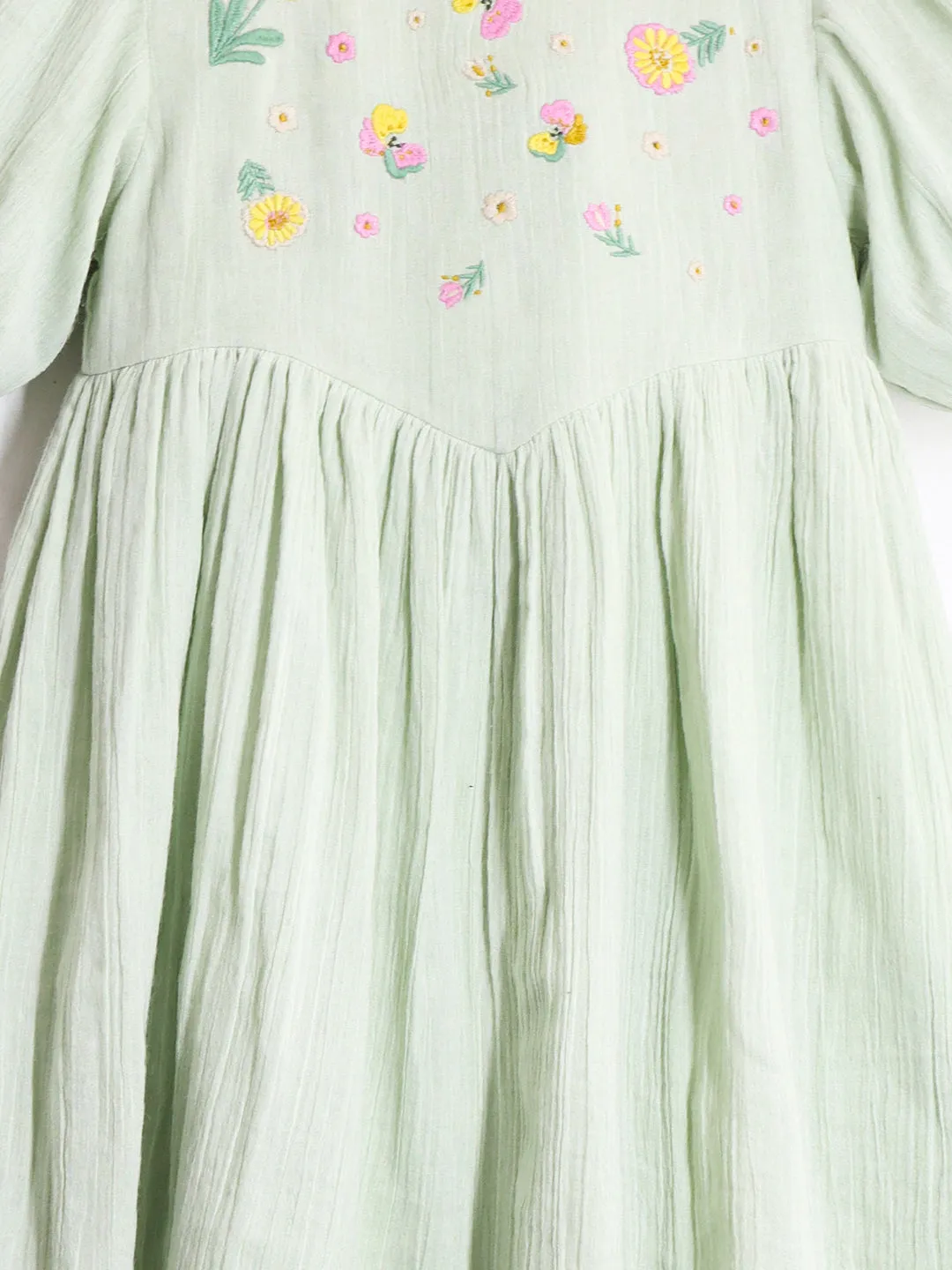 Cherry Crumble Cotton Green Round neck with Zipper Closure embroidered Fit & Dress Flare For Girls