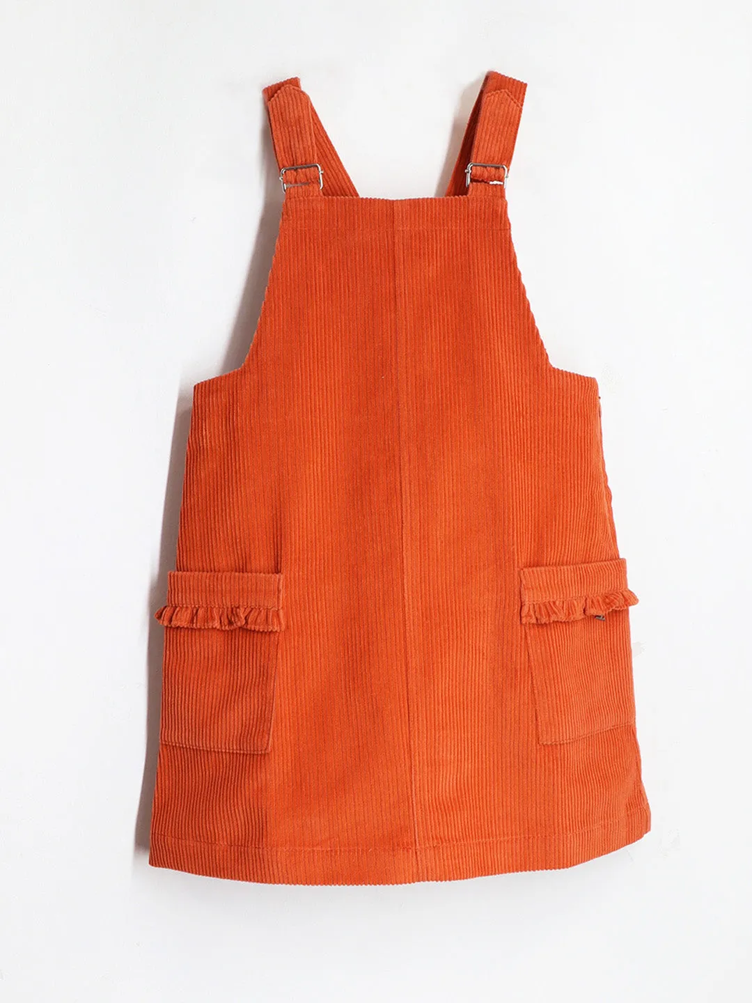 Cherry Crumble Orange Cotton Square neck Patch Pockets with side zipper A-line dungaree dress