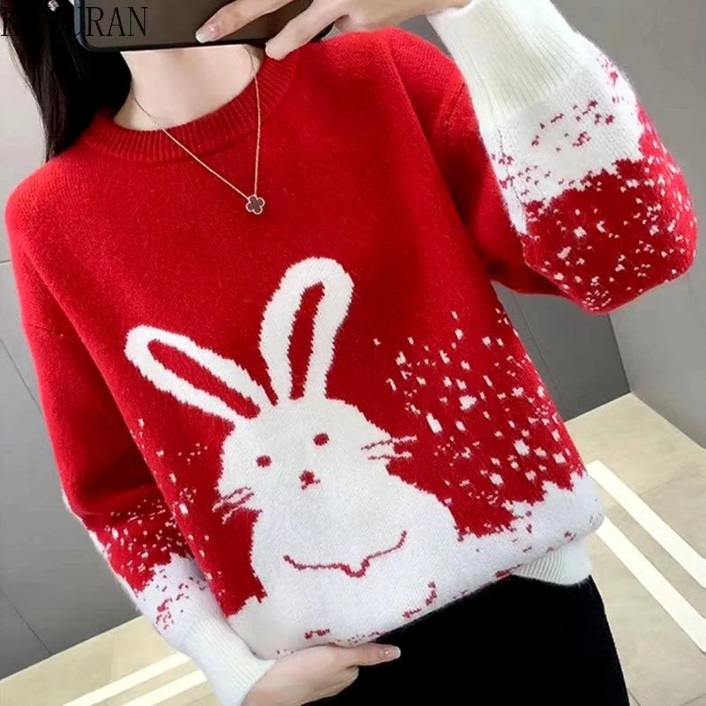 Chic Crimson Rabbit Jacquard Spring Sweater for Women