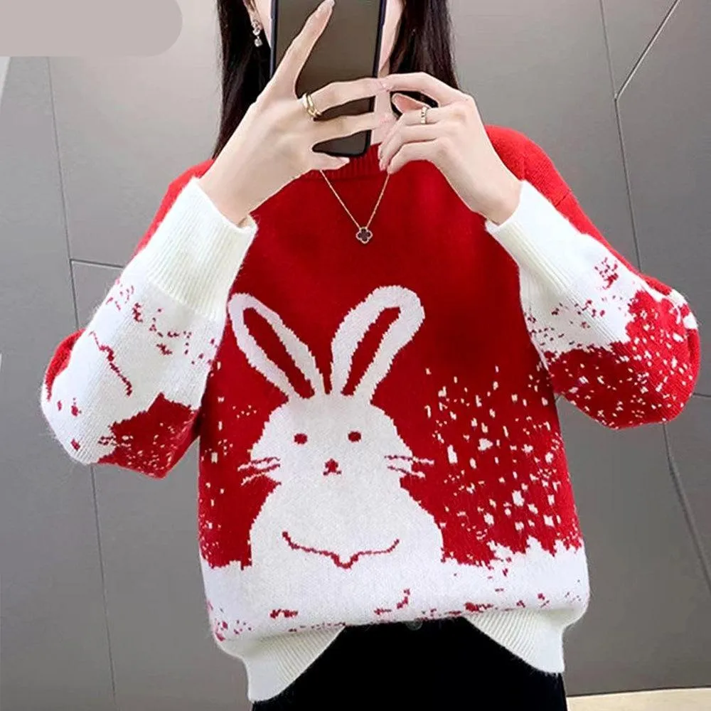 Chic Crimson Rabbit Jacquard Spring Sweater for Women