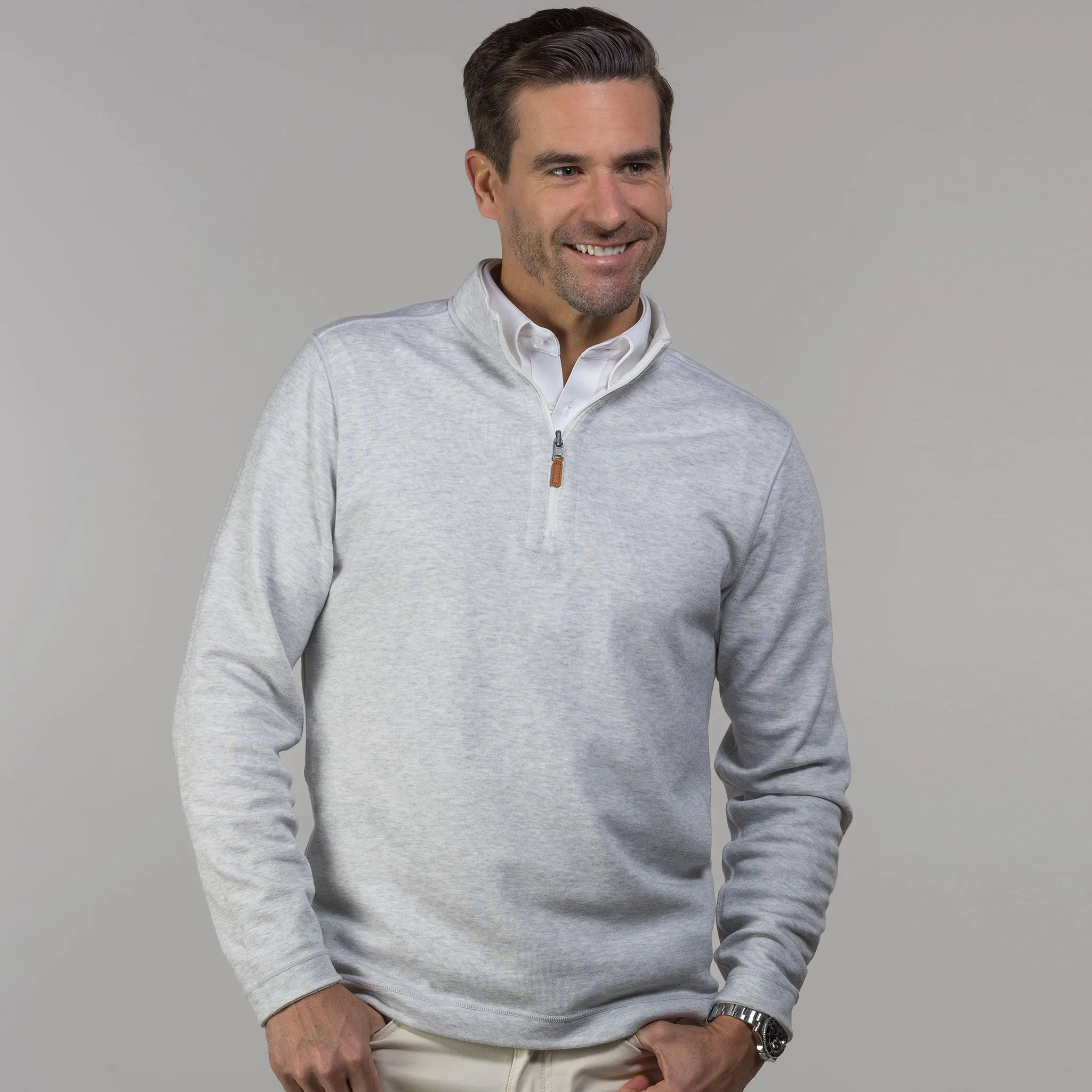 Coconut and Light Grey Zen Cotton Blend Reversible Quarter Zip Pullover