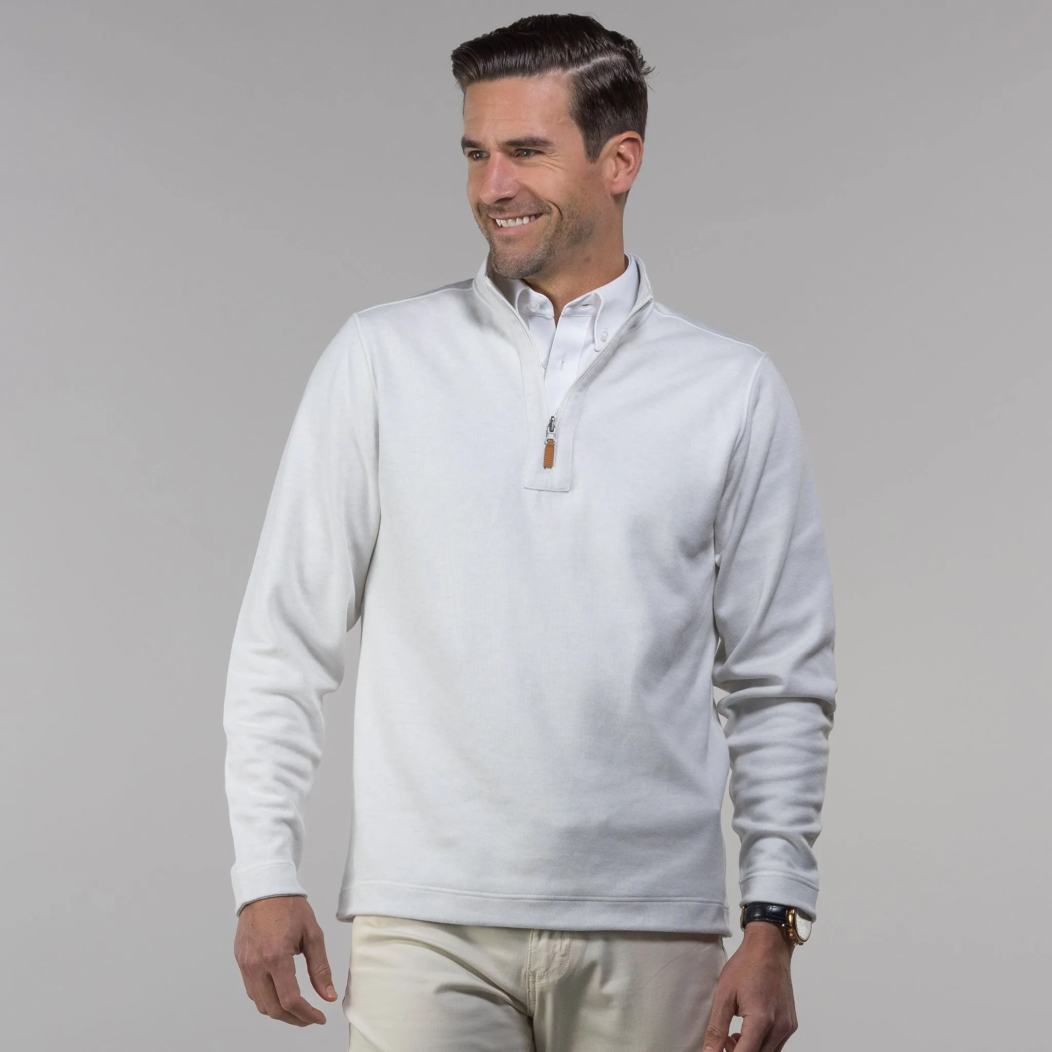 Coconut and Light Grey Zen Cotton Blend Reversible Quarter Zip Pullover