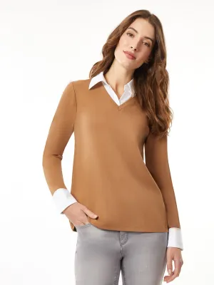 Collared Shirt V-Neck Sweater Combo Top