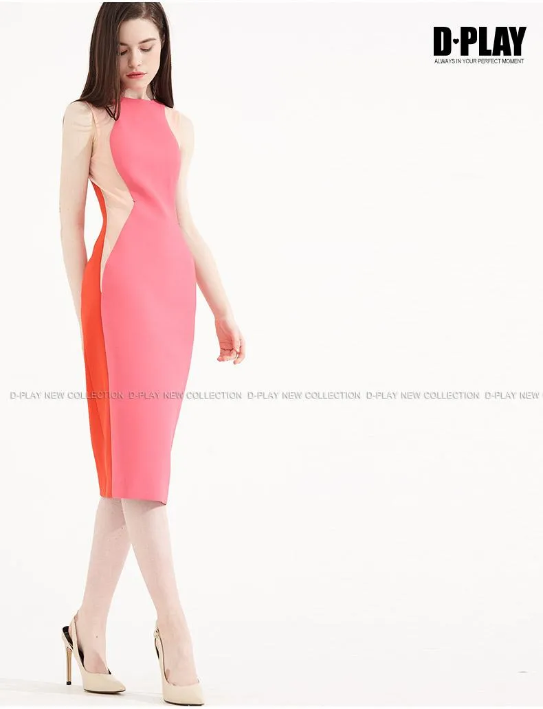 Color block splicing package pencil dress round neck sleeveless dress- Lidia