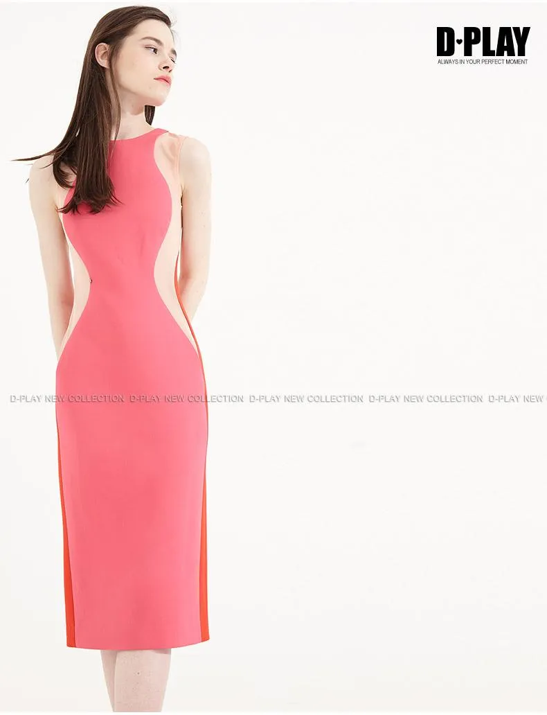 Color block splicing package pencil dress round neck sleeveless dress- Lidia