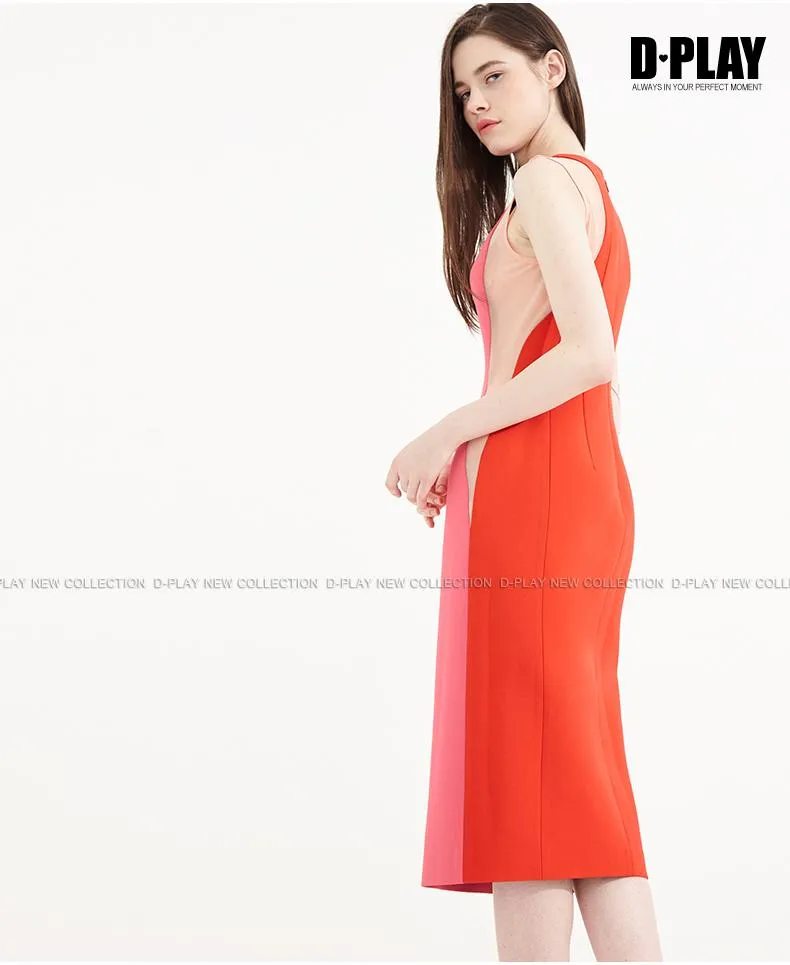 Color block splicing package pencil dress round neck sleeveless dress- Lidia