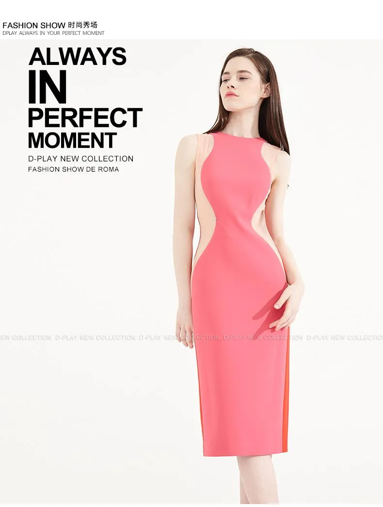 Color block splicing package pencil dress round neck sleeveless dress- Lidia