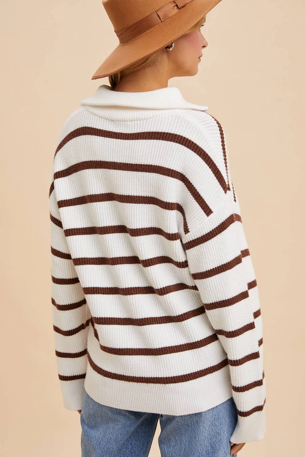 CREME/LATTE STRIPED HALF ZIP KNITTED PULLOVER