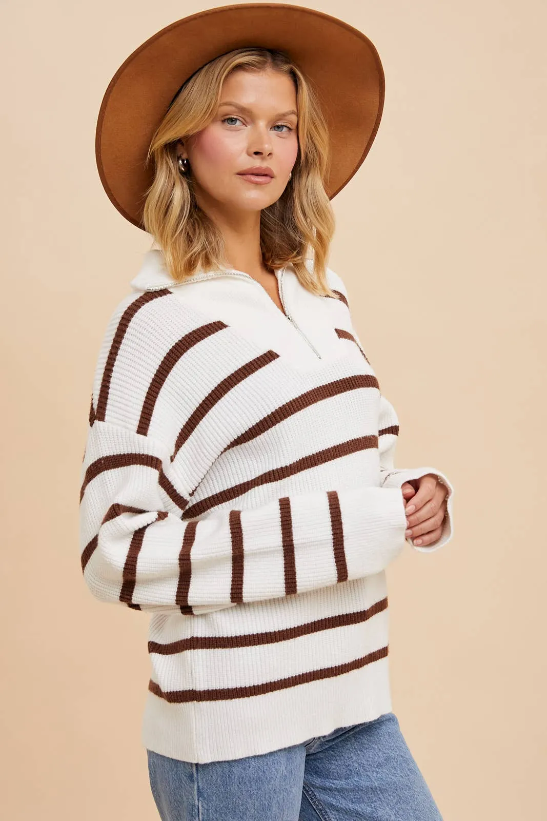 CREME/LATTE STRIPED HALF ZIP KNITTED PULLOVER