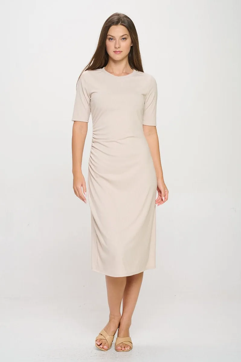 Darcy Side-Ruched Crew Neck Knit Midi Dress