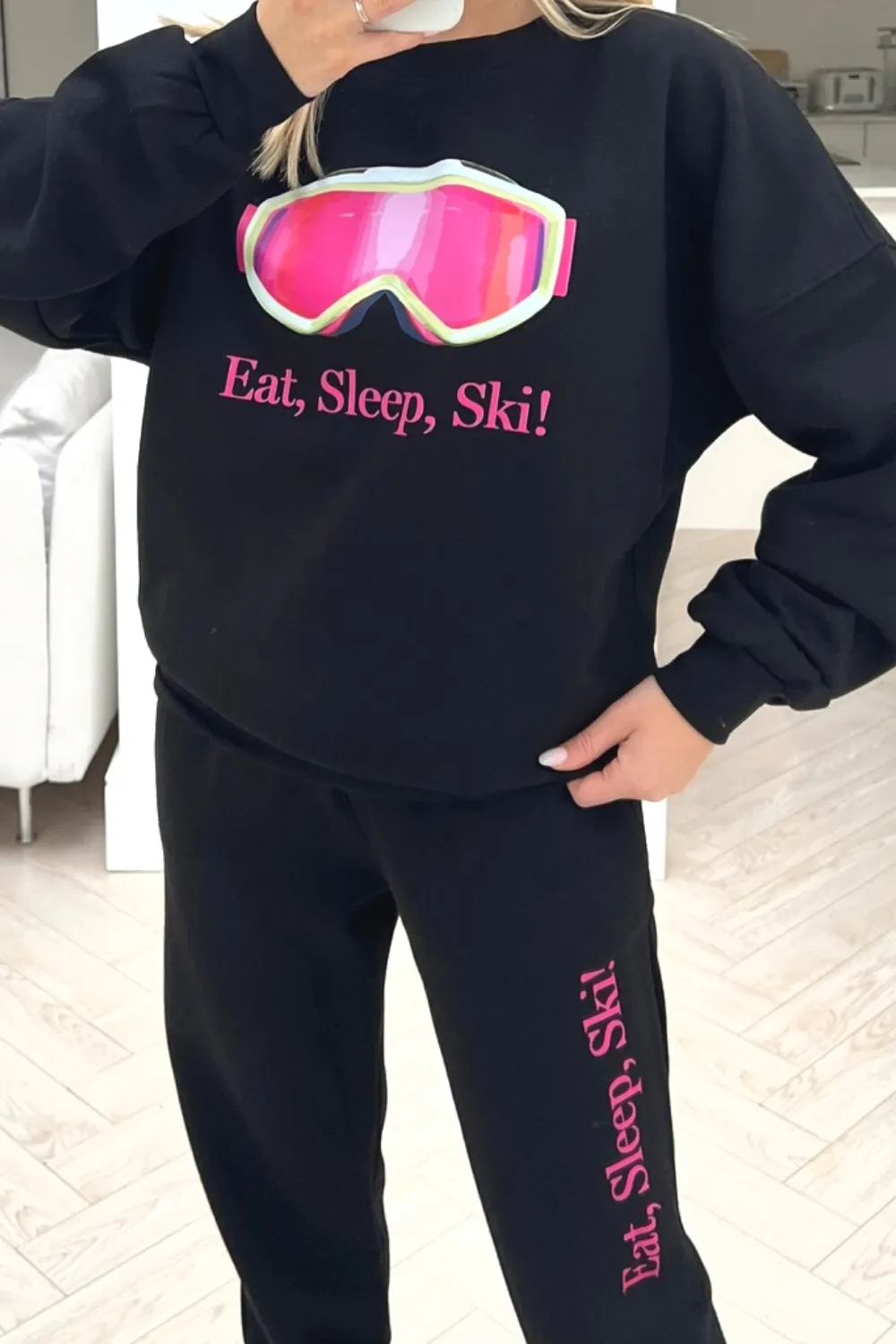 Eat Sleep Ski black printed sweater loungewear set