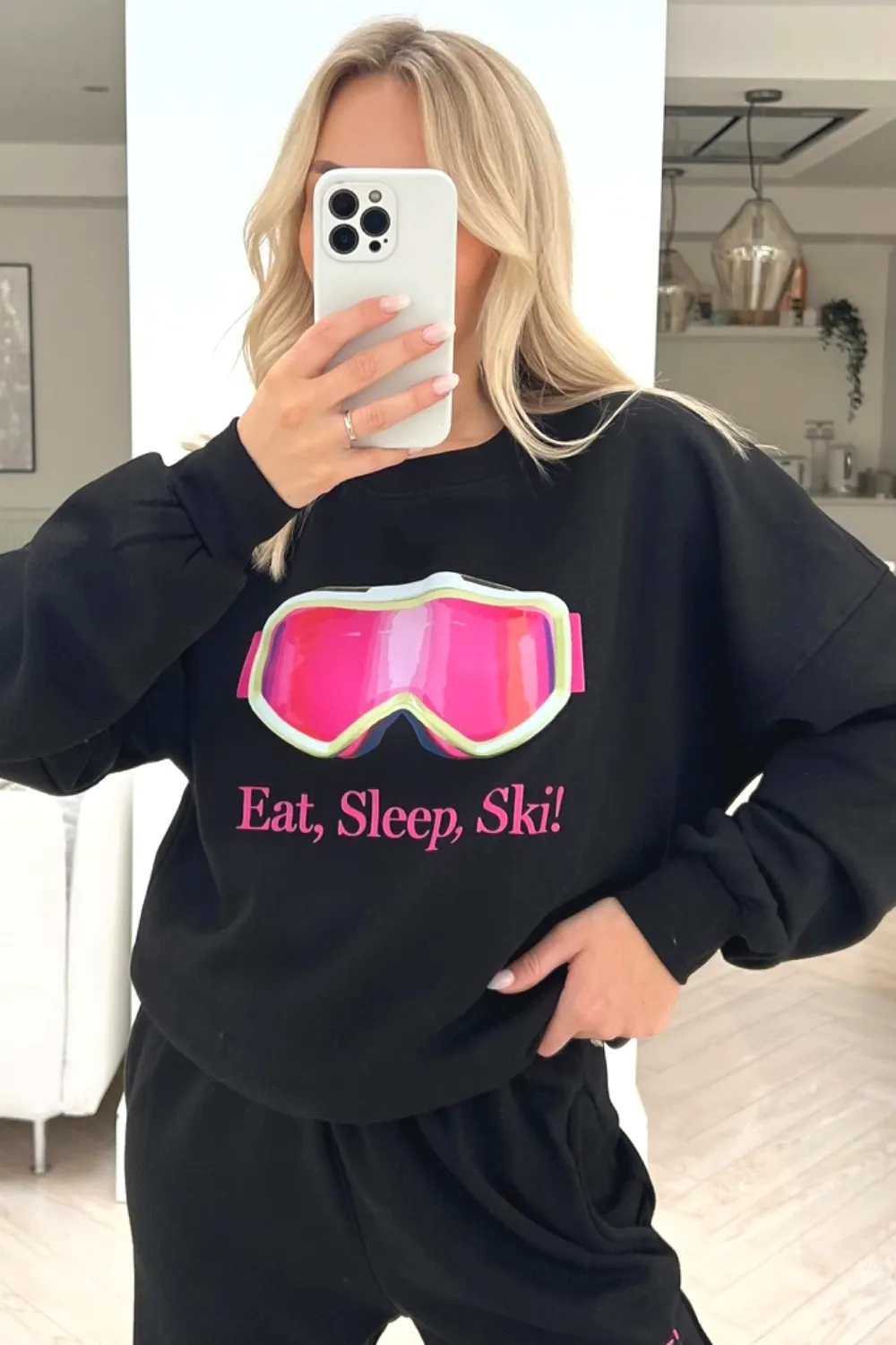 Eat Sleep Ski black printed sweater loungewear set