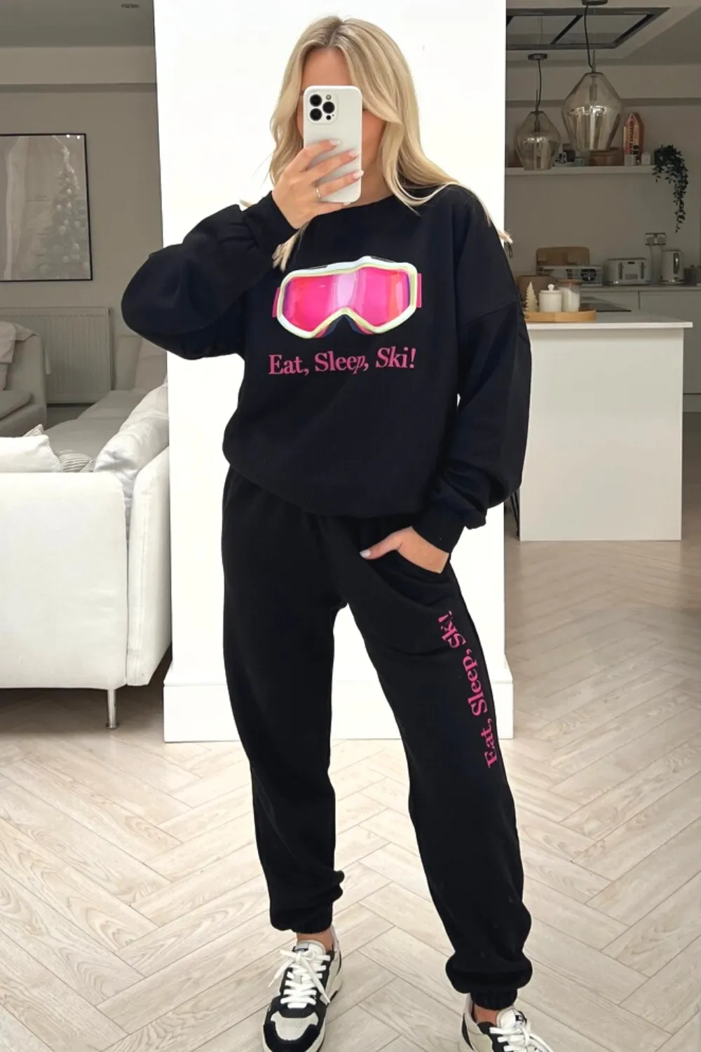 Eat Sleep Ski black printed sweater loungewear set