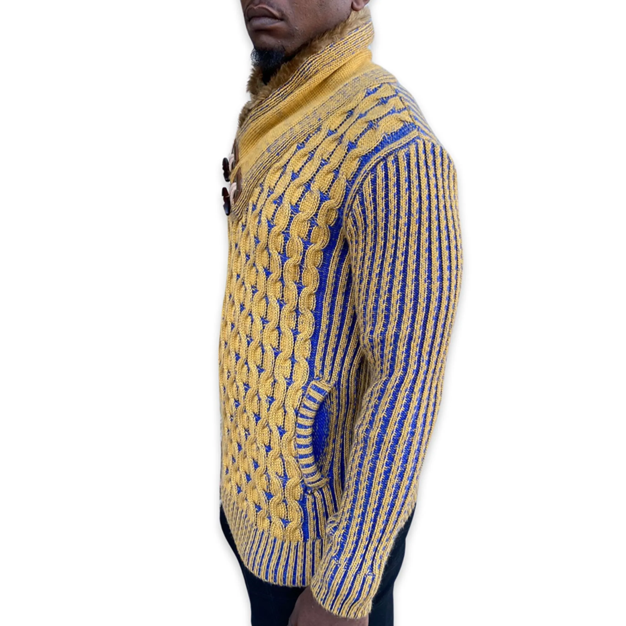 [Ezra] Mustard and Royal blue shall Sweater with fur in collar and buckle