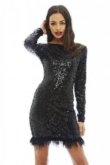 Faith black feather sequin long sleeve party dress