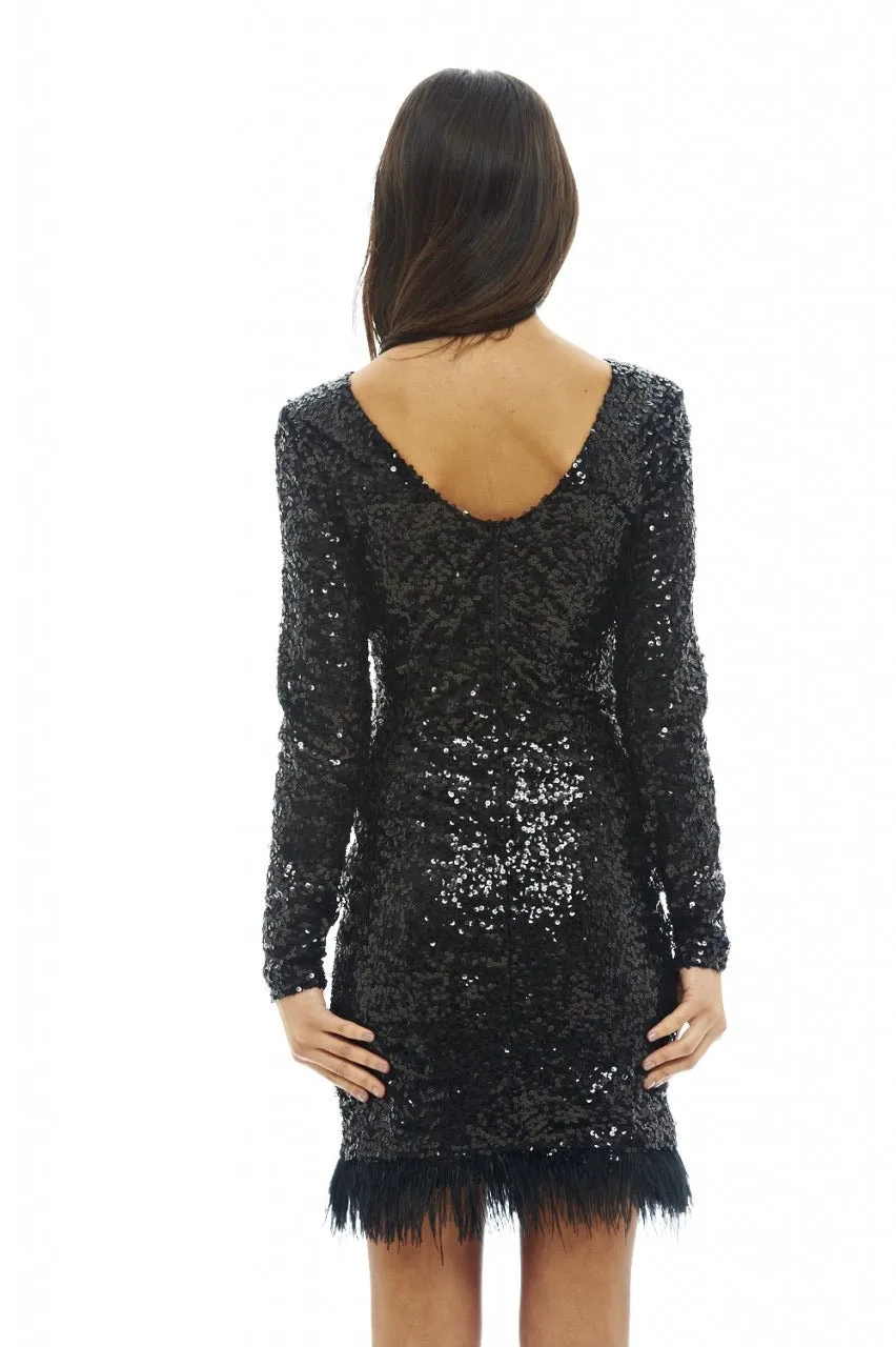 Faith black feather sequin long sleeve party dress