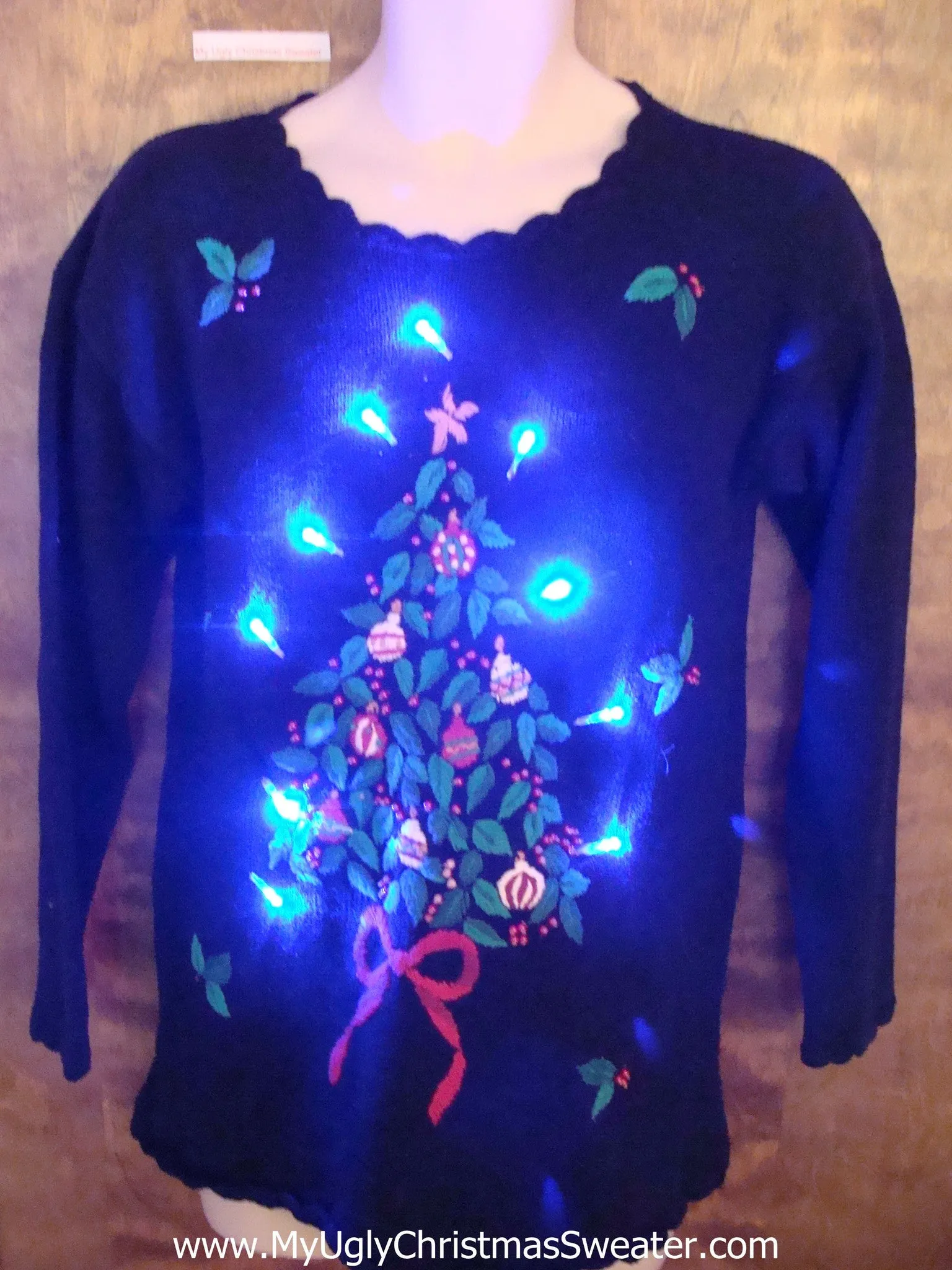 Festive Tree with Bow Light Up Ugly Xmas Sweater