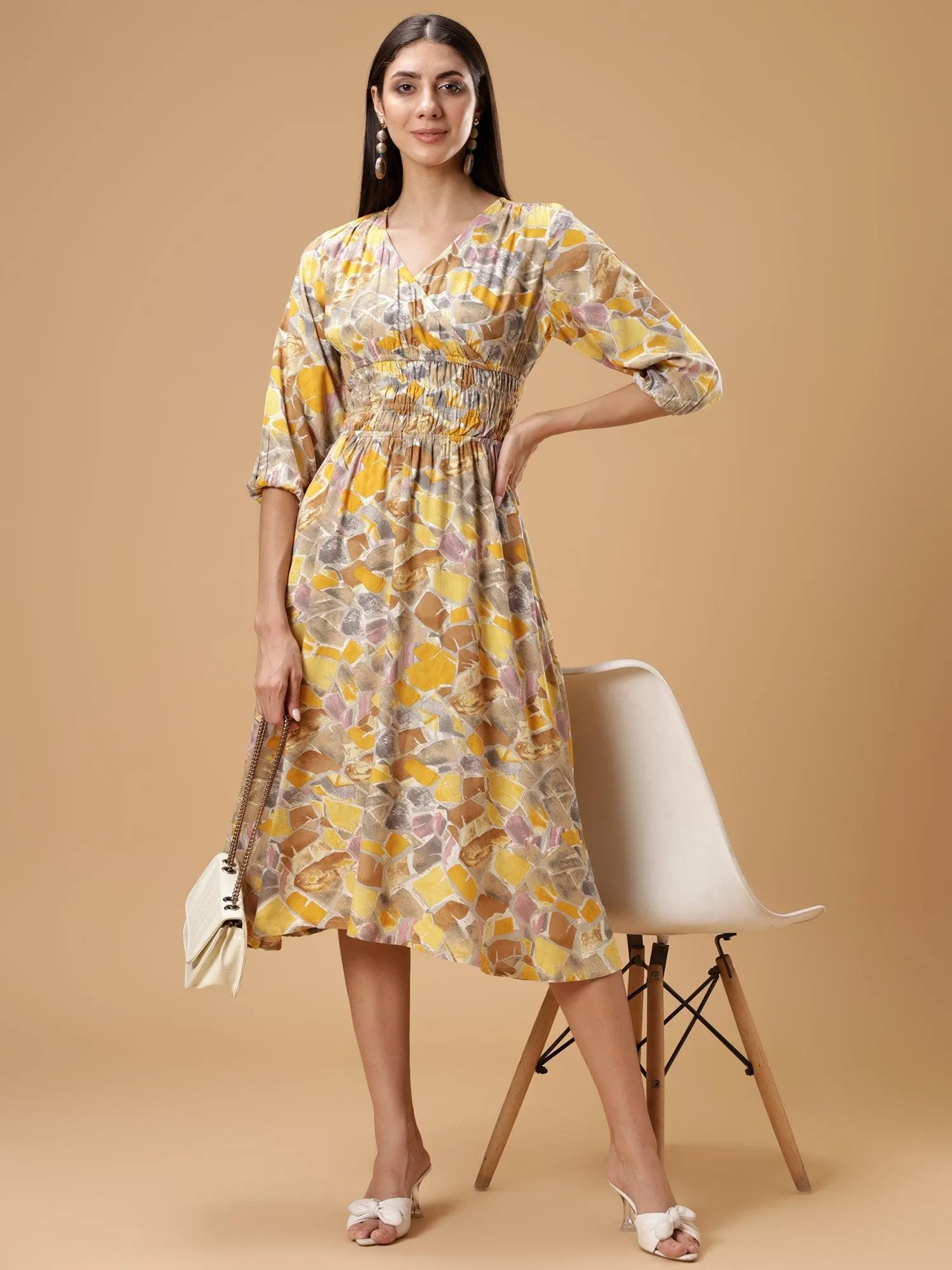 Floral Print Puff Sleeves Smocked Liva Fit & Flare Midi Dress