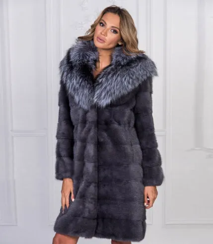 Full Natural Mink Fur With Silver Fox Fur Collar Coats