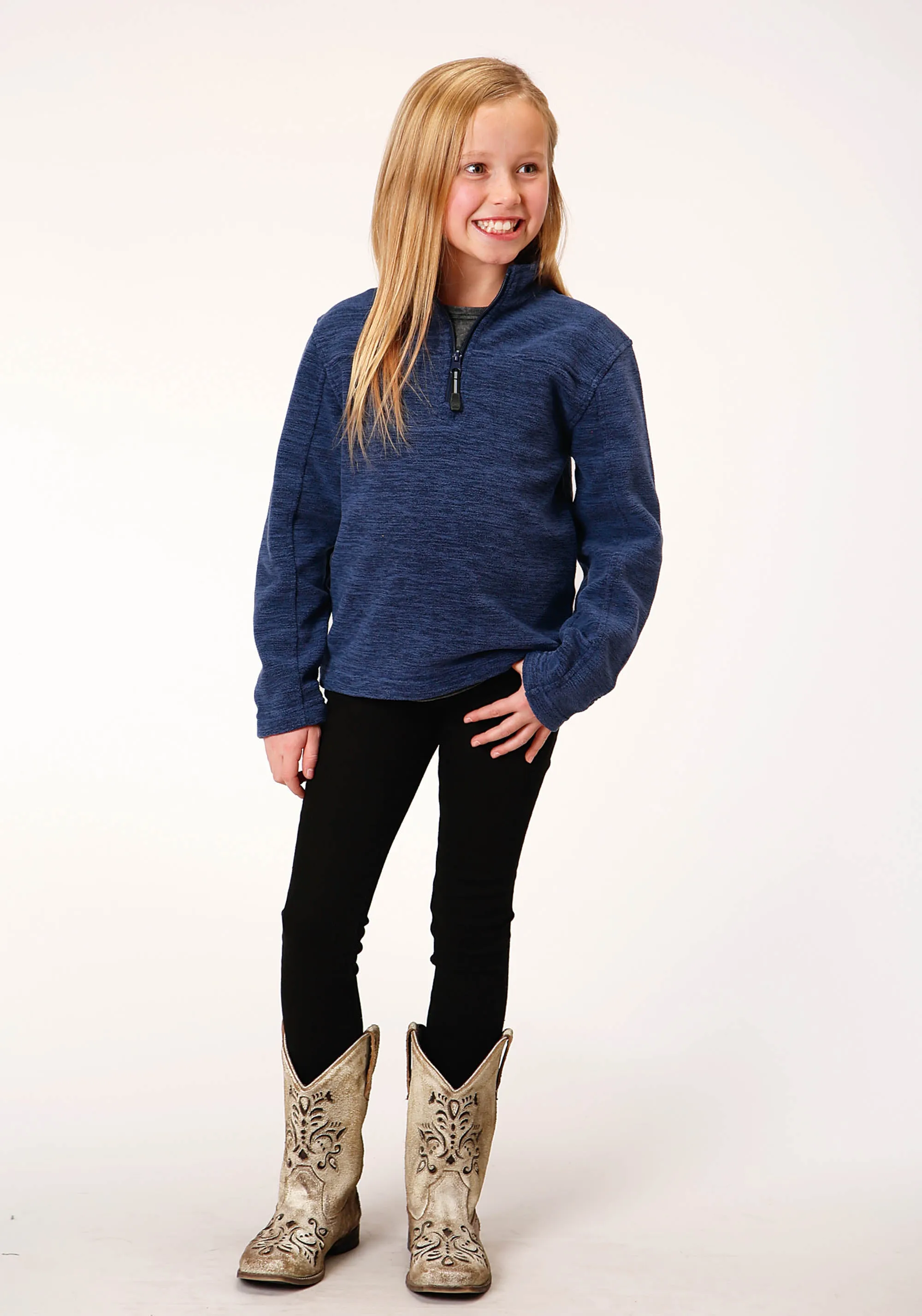 GIRLS  MELANGE NAVY MICRO POLAR FLEECE PULLOVER