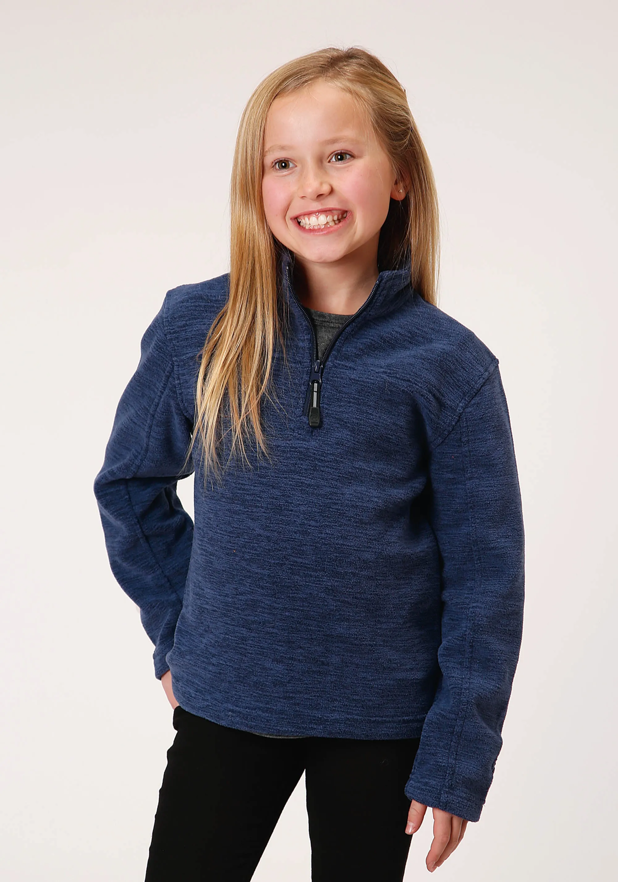 GIRLS  MELANGE NAVY MICRO POLAR FLEECE PULLOVER