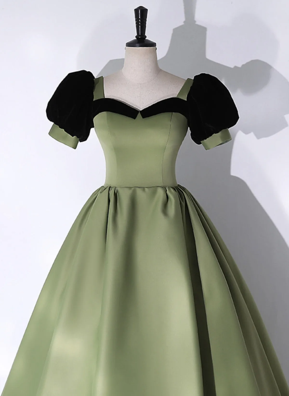 Green Satin Short Sleeves Long Evening Dress, Green Satin Prom Dress