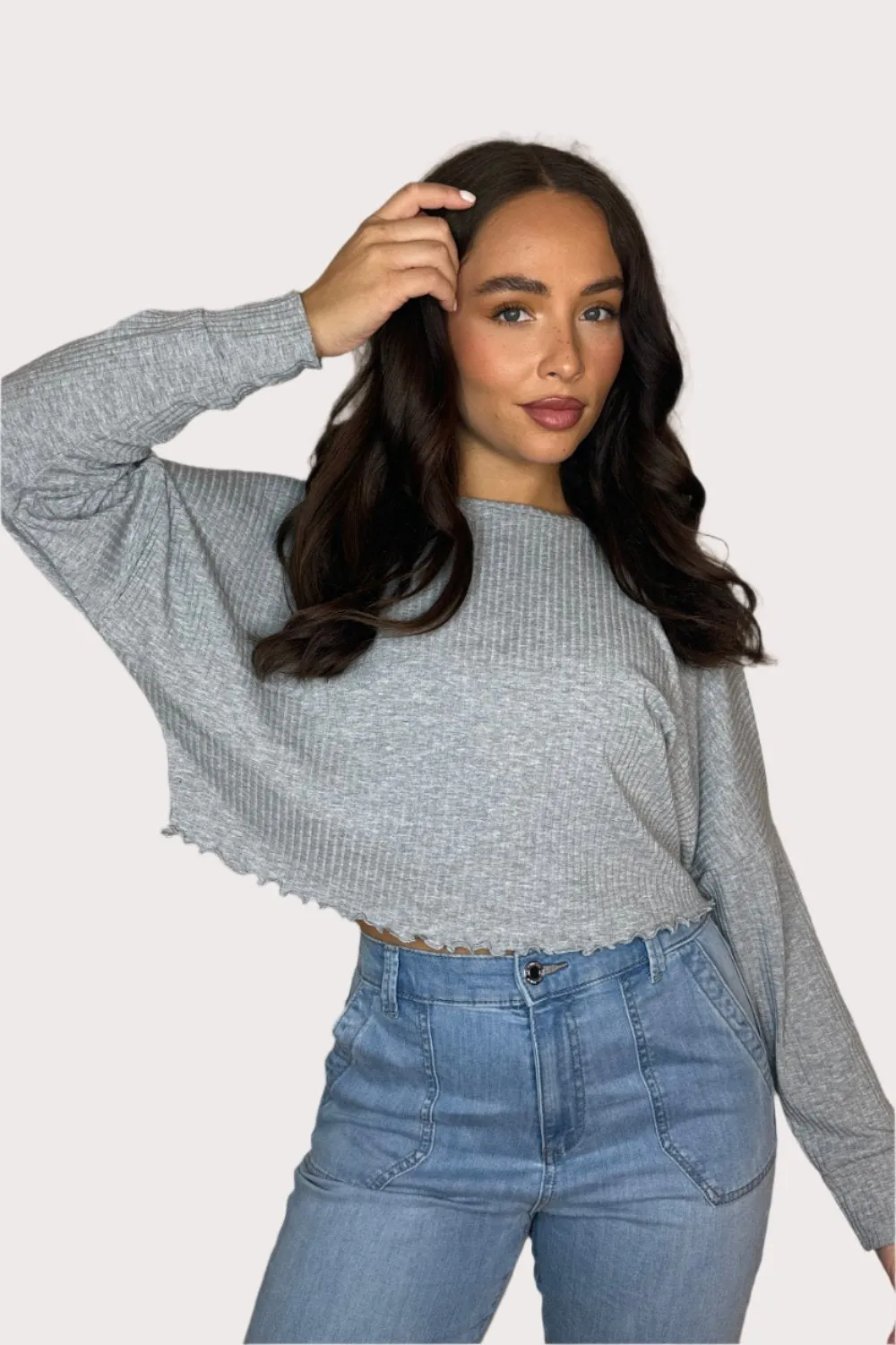 Grey Cropped Ribbed Pullover