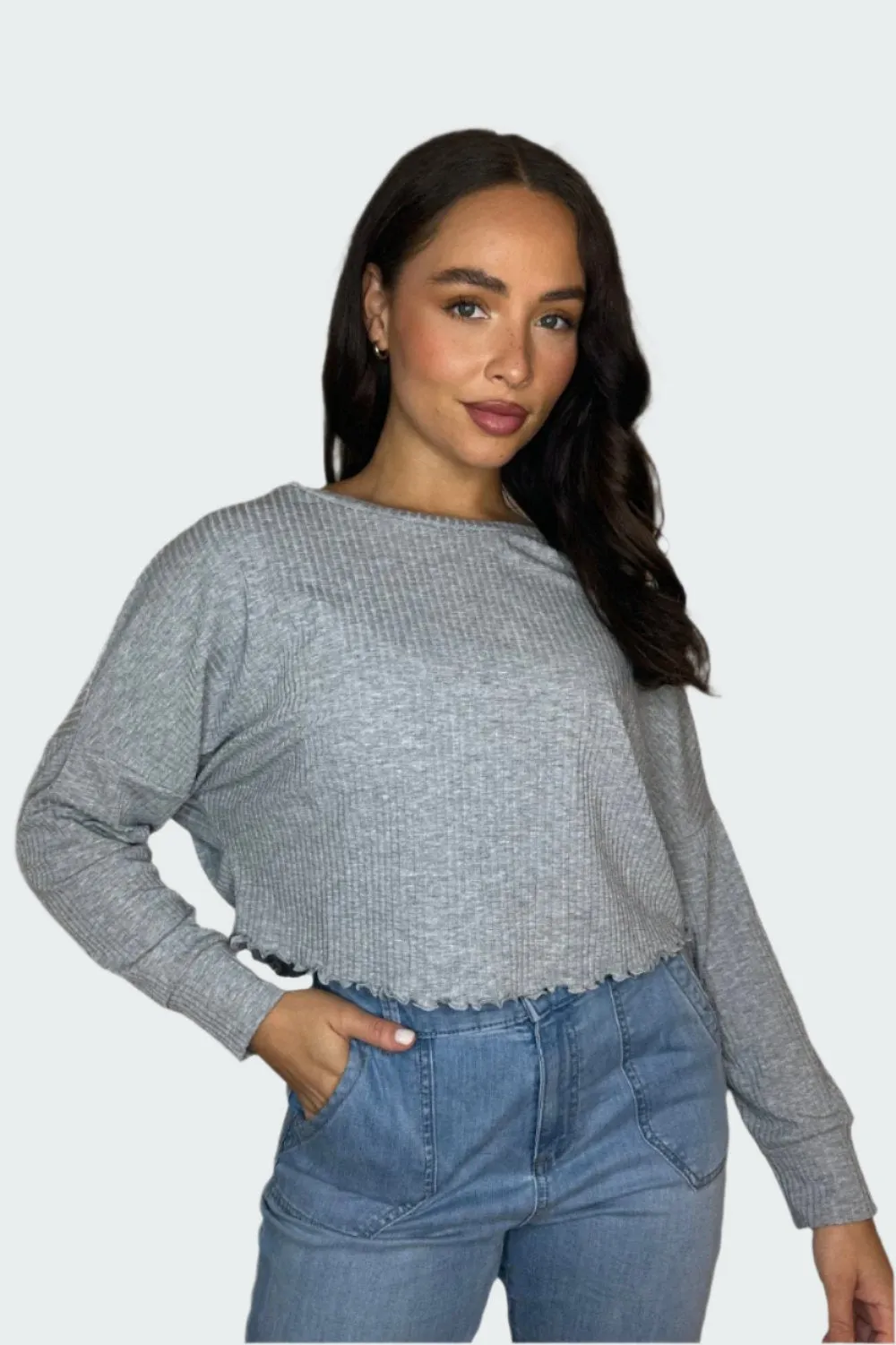 Grey Cropped Ribbed Pullover