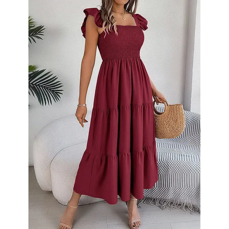 HELIAR Women Pleated Ruffles Sweet Dress Off Shoulder Solid Loose Office A-line Elegant Maxi Dress Beach Party Vestidos Summer