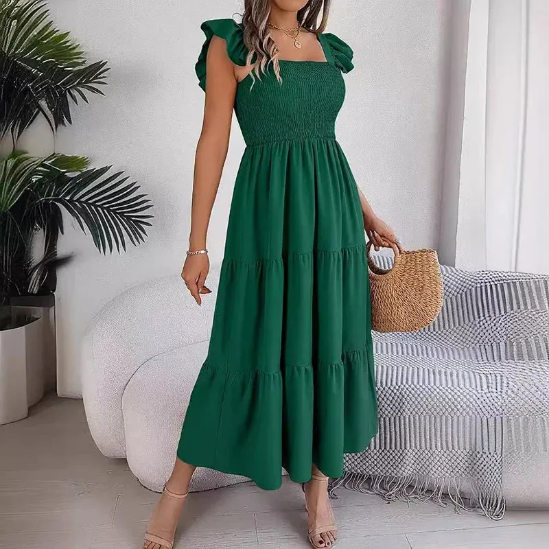 HELIAR Women Pleated Ruffles Sweet Dress Off Shoulder Solid Loose Office A-line Elegant Maxi Dress Beach Party Vestidos Summer