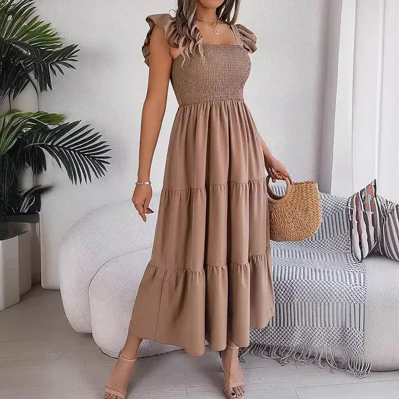 HELIAR Women Pleated Ruffles Sweet Dress Off Shoulder Solid Loose Office A-line Elegant Maxi Dress Beach Party Vestidos Summer