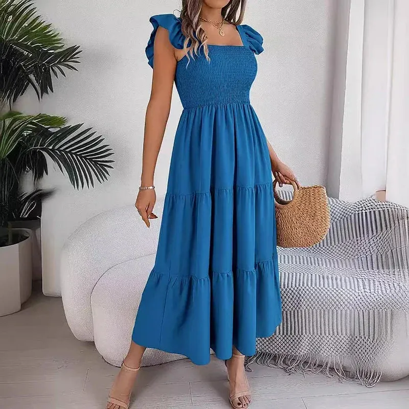 HELIAR Women Pleated Ruffles Sweet Dress Off Shoulder Solid Loose Office A-line Elegant Maxi Dress Beach Party Vestidos Summer