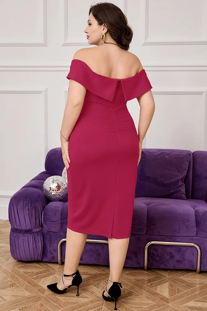 HN Off Shoulder Back Slit Ruched Hips-wrapped Party Dress